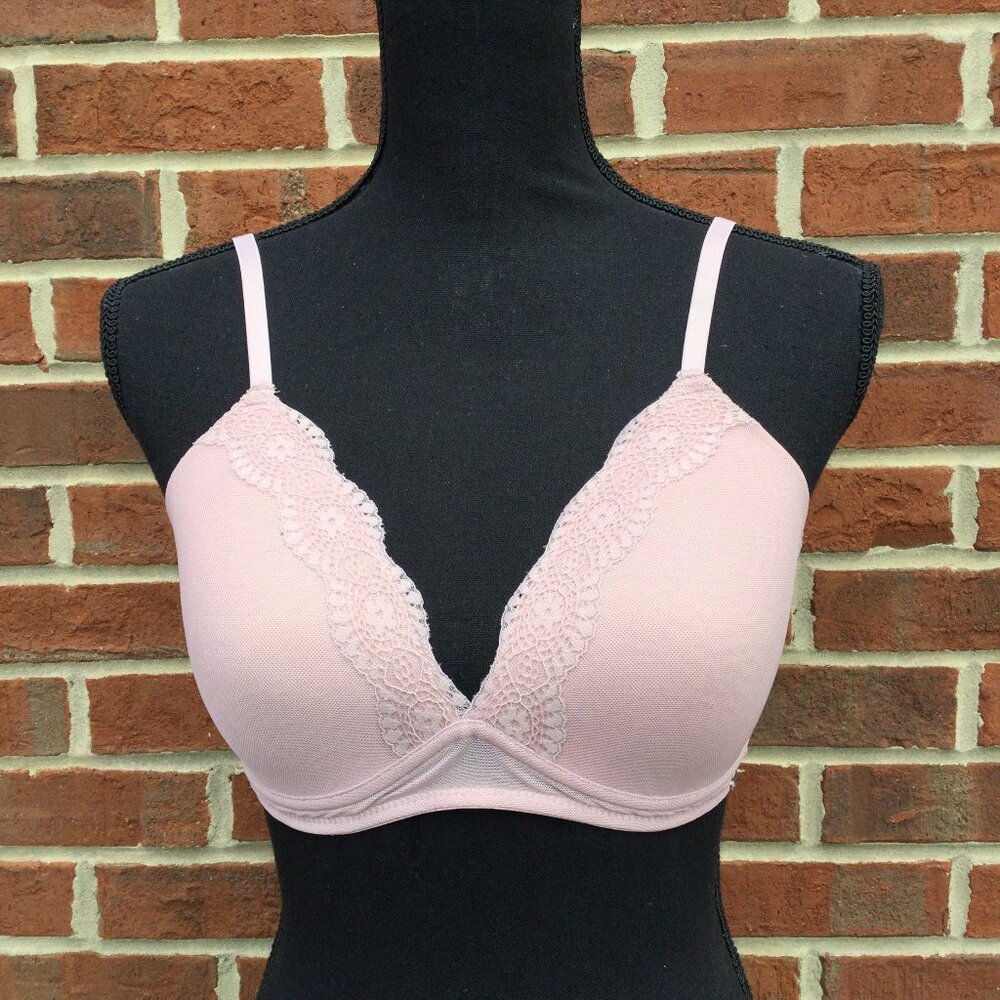 Lucky Brand Bra Size 36C Pink Lace Trim Lightly Padded Wireless Adjustable